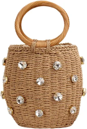 Orgonite Bucket Straw Handbag, Handmade Tote Bag with Pearl Flower, Beach Woven Bag Rattan Basket Purse Drawstring for Women