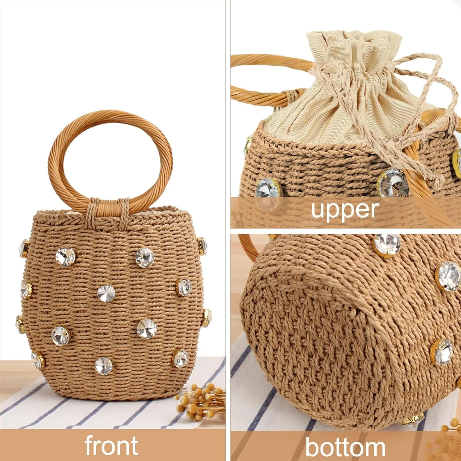 Orgonite Bucket Straw Handbag, Handmade Tote Bag with Pearl Flower, Beach Woven Bag Rattan Basket Purse Drawstring for Women