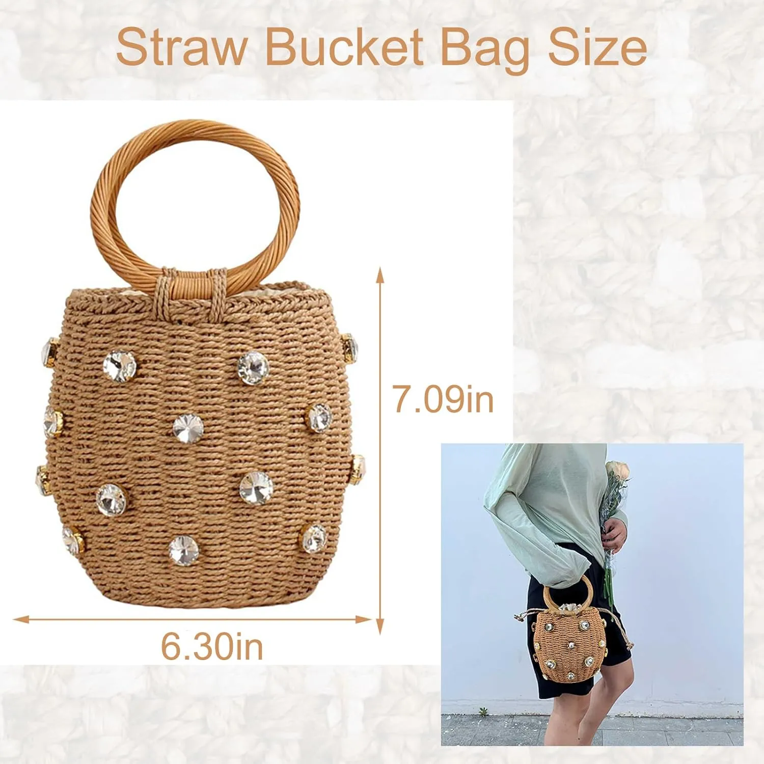Orgonite Bucket Straw Handbag, Handmade Tote Bag with Pearl Flower, Beach Woven Bag Rattan Basket Purse Drawstring for Women