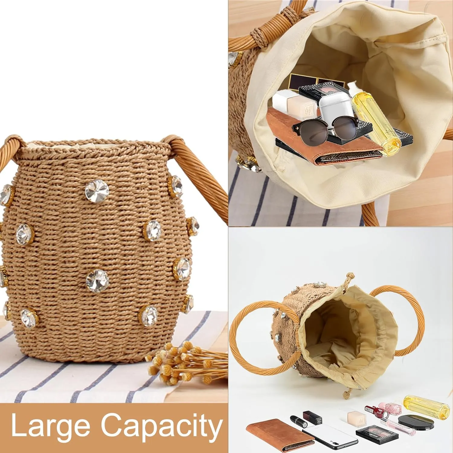Orgonite Bucket Straw Handbag, Handmade Tote Bag with Pearl Flower, Beach Woven Bag Rattan Basket Purse Drawstring for Women