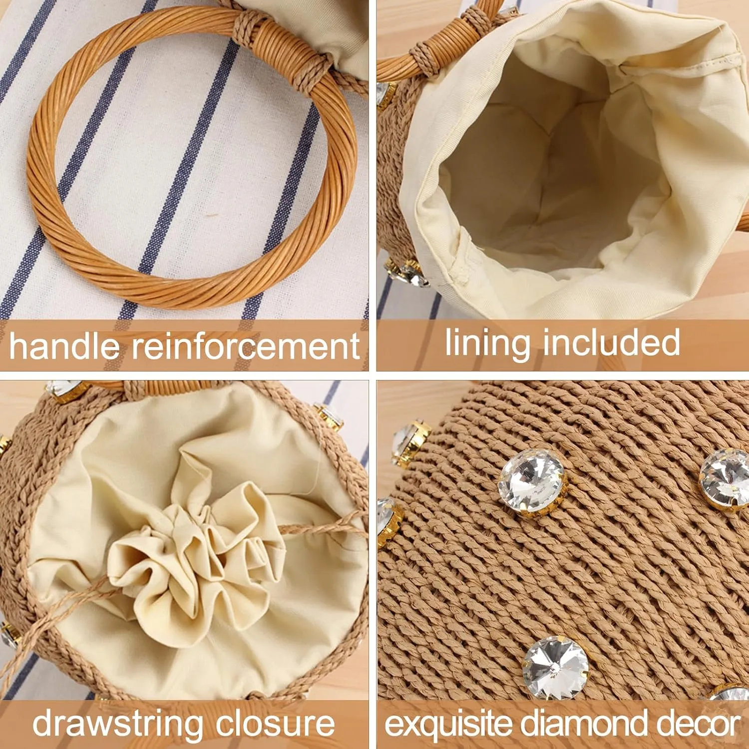 Orgonite Bucket Straw Handbag, Handmade Tote Bag with Pearl Flower, Beach Woven Bag Rattan Basket Purse Drawstring for Women