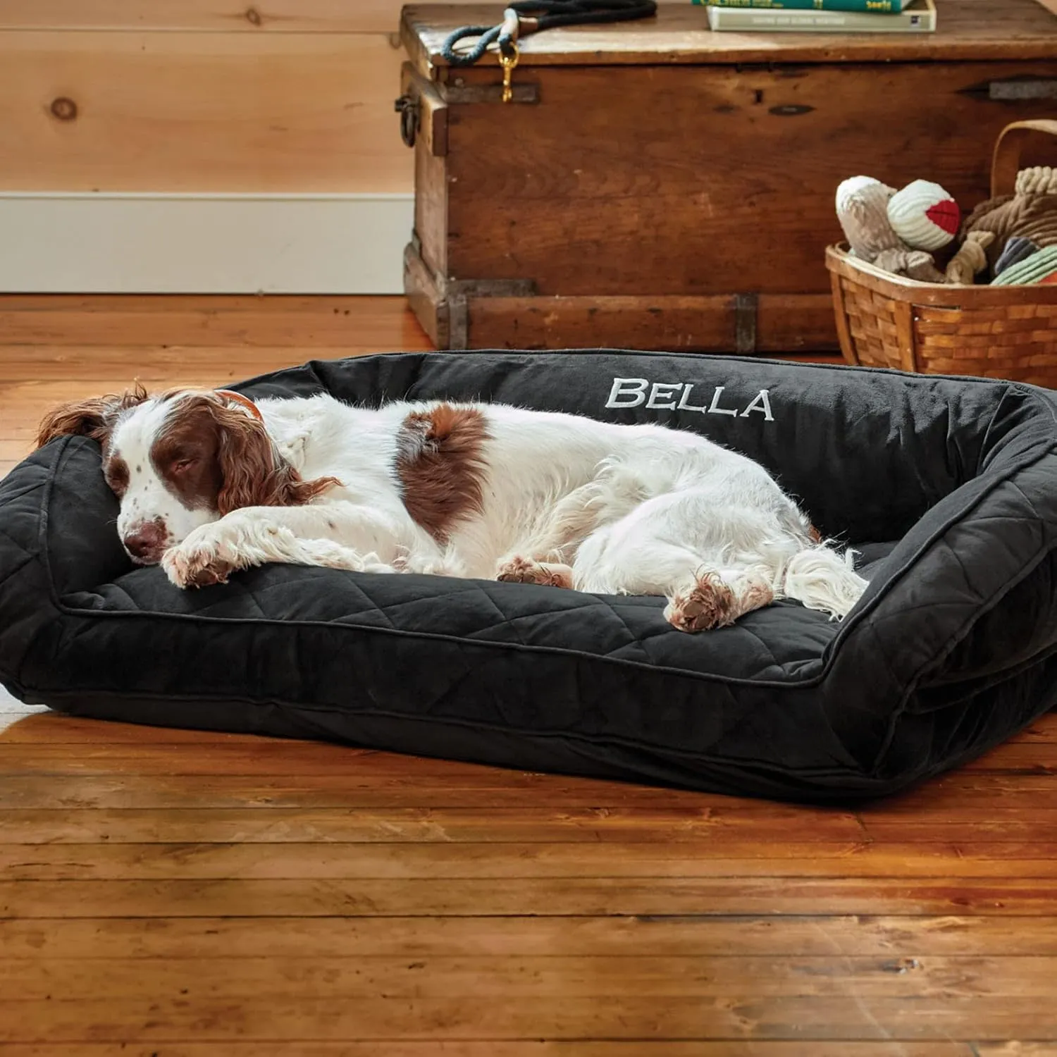 Orvis ComfortFill-Eco Bolster Dog Bed - Plush Rectangular Dog Beds with Three-Sided Bolster for Leaning, Slate - Medium