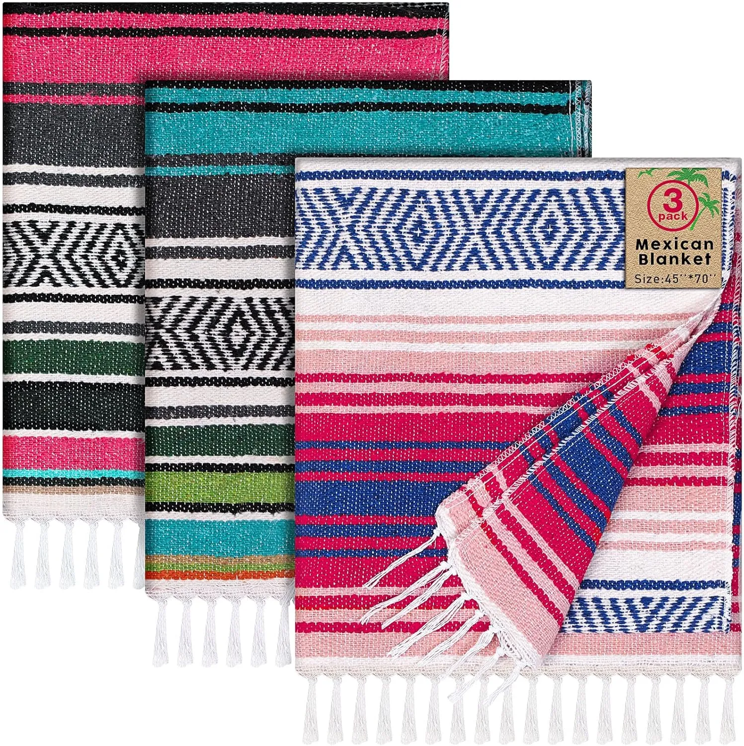 Oudain 3 Pack Mexican Blankets and Throws 45 x 70 Inch, Cotton Outdoor Camping Blanket Woven Serape Yoga Fiesta Picnic Beach Supplies (Classic Color)