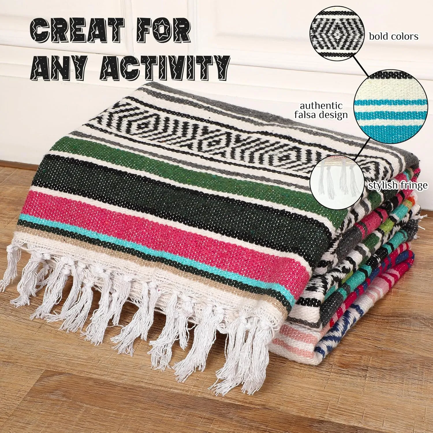 Oudain 3 Pack Mexican Blankets and Throws 45 x 70 Inch, Cotton Outdoor Camping Blanket Woven Serape Yoga Fiesta Picnic Beach Supplies (Classic Color)