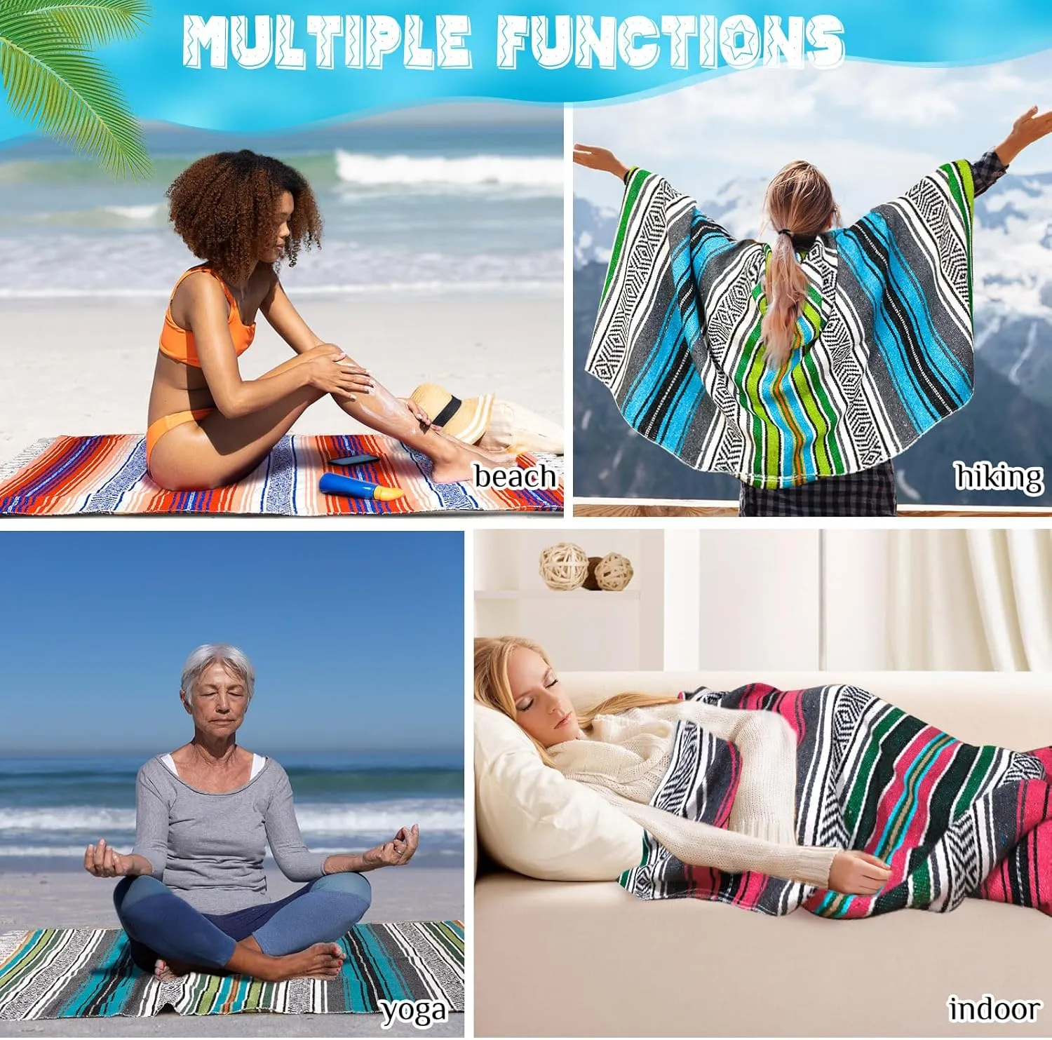 Oudain 3 Pack Mexican Blankets and Throws 45 x 70 Inch, Cotton Outdoor Camping Blanket Woven Serape Yoga Fiesta Picnic Beach Supplies (Classic Color)