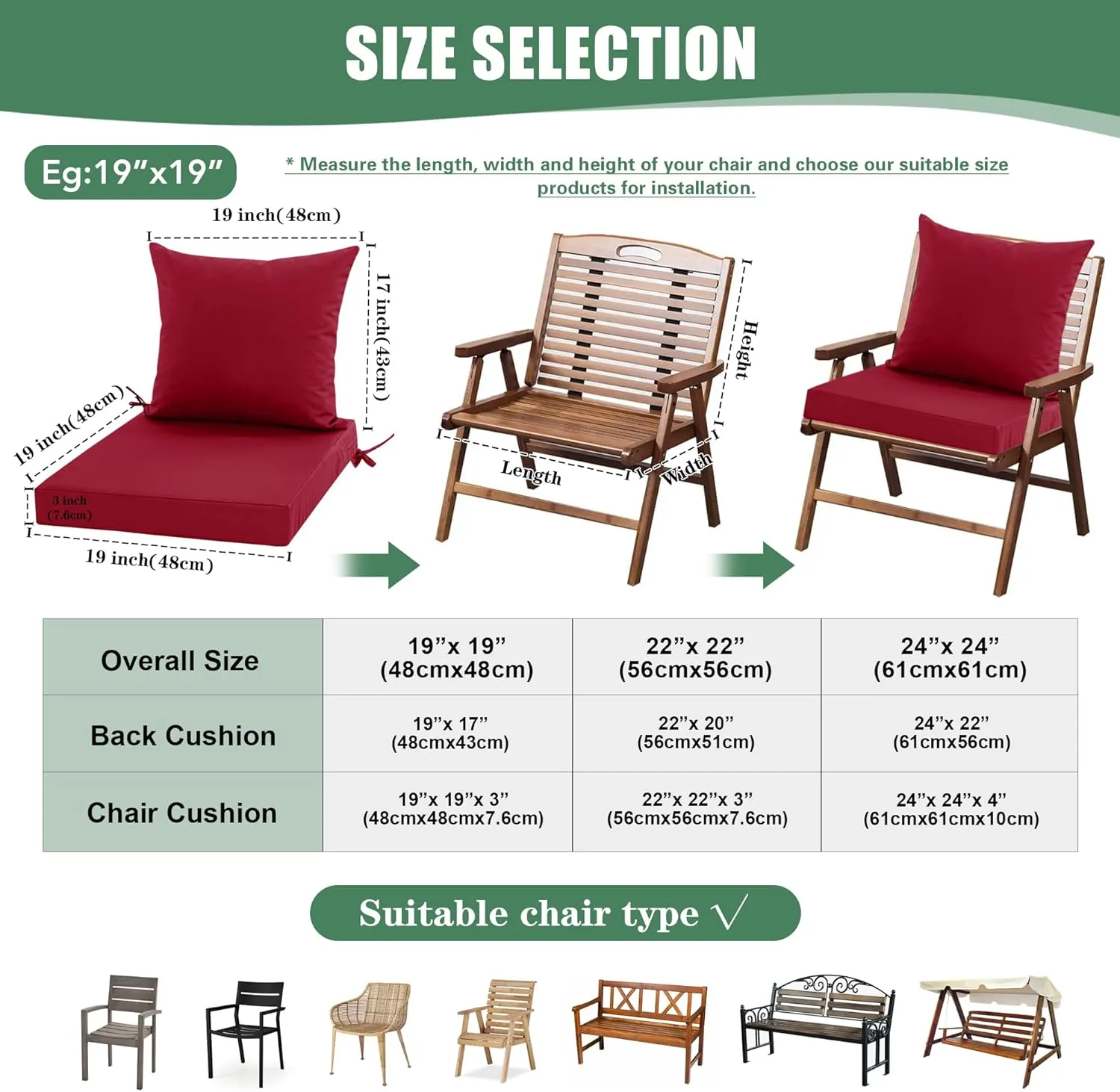 Outdoor Cushions for Patio Furniture, Double-Sided Waterproof Backrest and Seat Cushion Set with Removable Cover, 19 x 19 Inch, Red, 1 Set