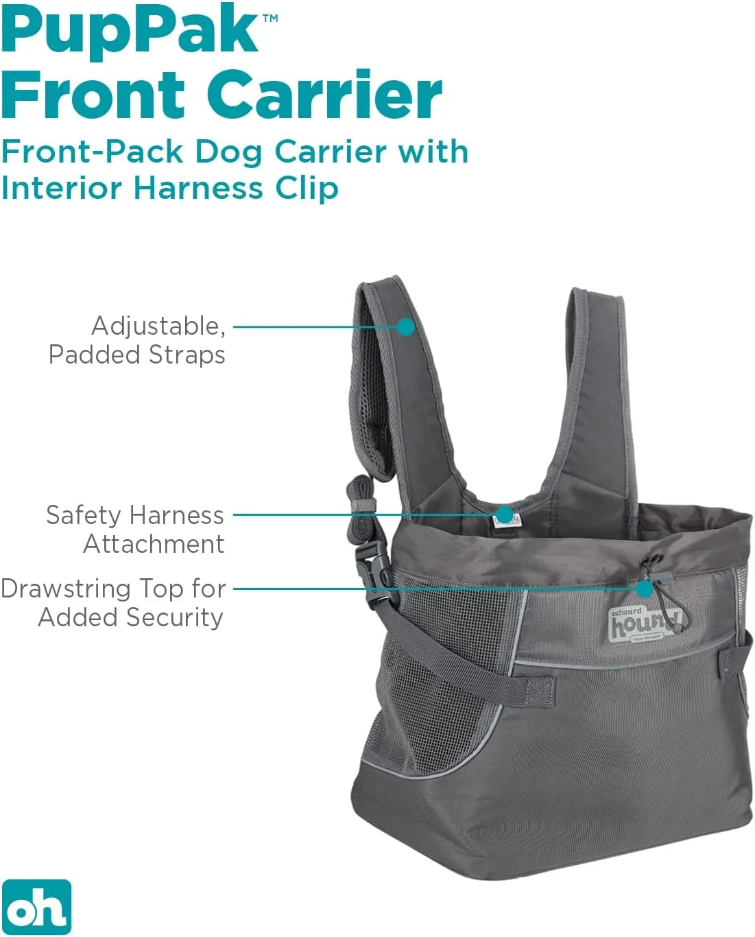 Outward Hound PupPak Dog Front Carrier, Medium, Grey – Hands-Free Hiking & Camping Pet Backpack for Small Pets up to 20 lbs, Padded Straps, Breathable Mesh, Water-Resistant, Safety Clip