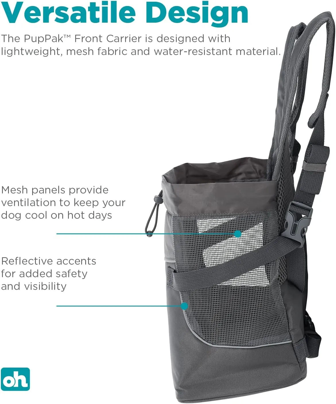 Outward Hound PupPak Dog Front Carrier, Medium, Grey – Hands-Free Hiking & Camping Pet Backpack for Small Pets up to 20 lbs, Padded Straps, Breathable Mesh, Water-Resistant, Safety Clip