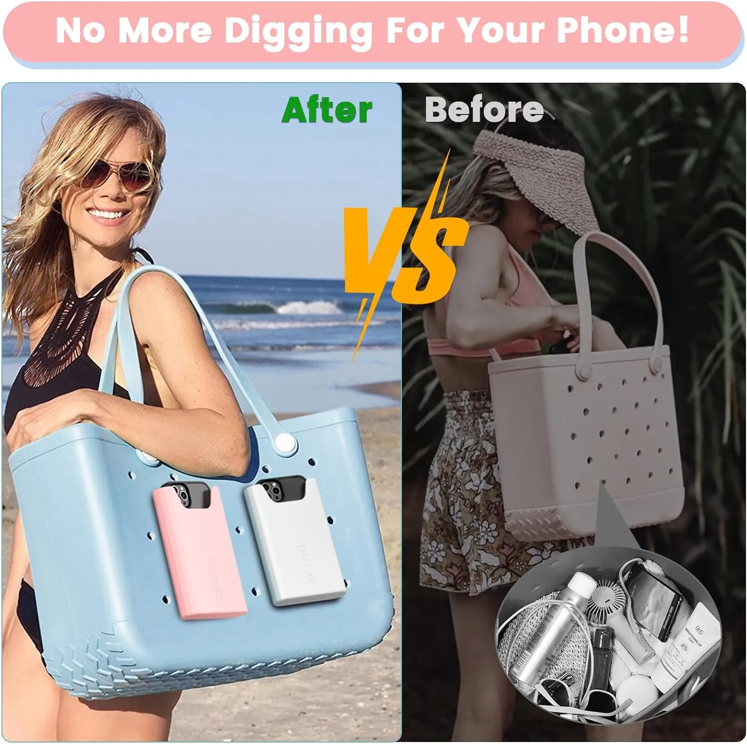 OUTXE 2 Pack Bogg Bag Phone Holder Compatible with All Bogg Bags, Silicone Cell Phone Holder Accessories for Bogg Bag, White and Pink Phone Case Holder Insert for Simply Southern
