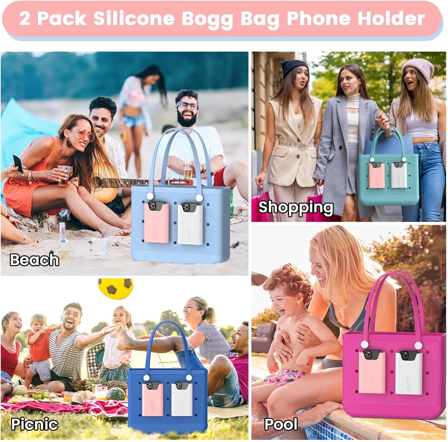 OUTXE 2 Pack Bogg Bag Phone Holder Compatible with All Bogg Bags, Silicone Cell Phone Holder Accessories for Bogg Bag, White and Pink Phone Case Holder Insert for Simply Southern