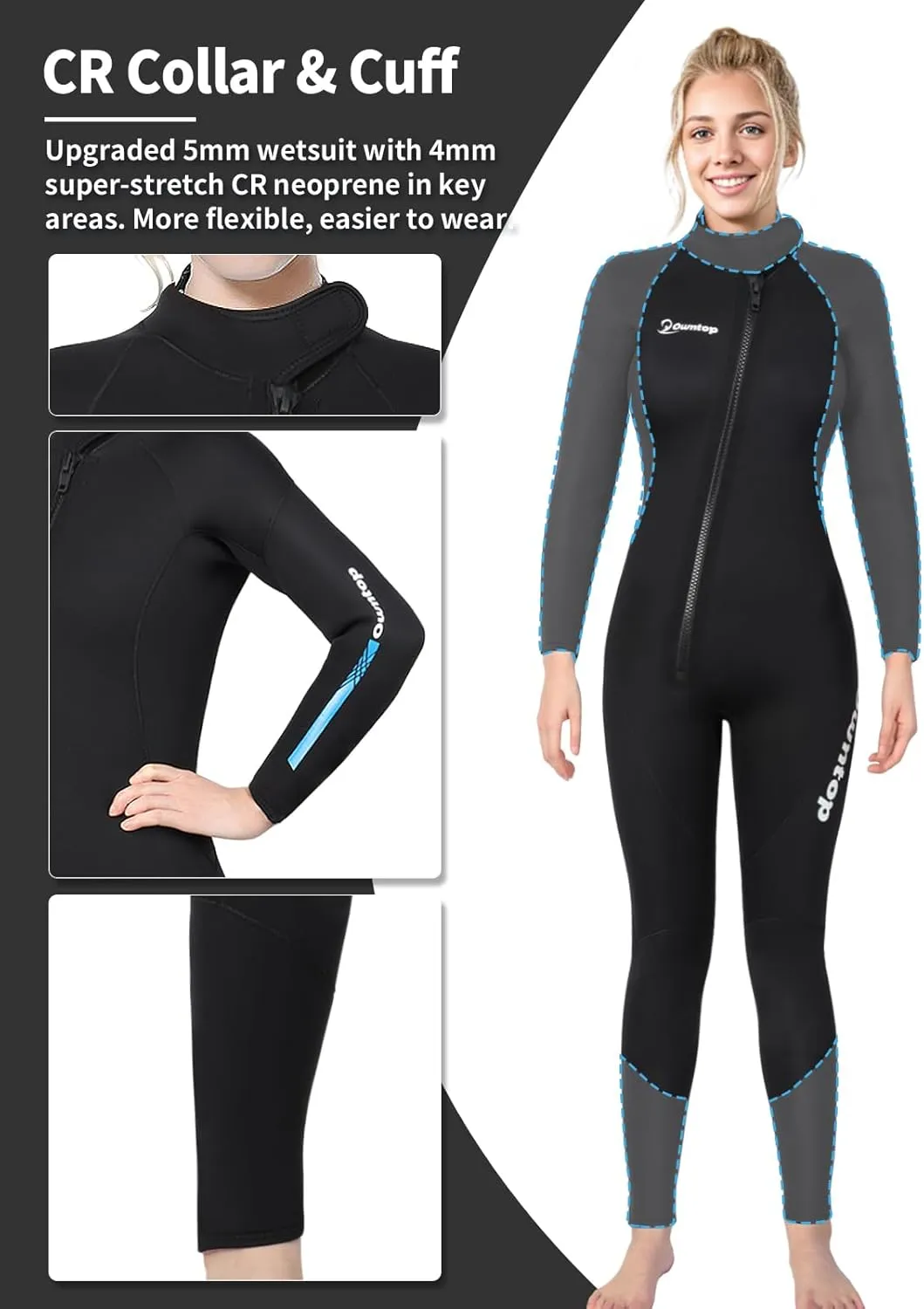 Owntop Wetsuit 5mm Neoprene Diving Suit - Mens Womens Thicken Full Wet Suit, Front Zip Long Sleeve UPF50  Keep Warm Swimwear for Scuba Surfing Swimming Diving Snorkeling Water Sports