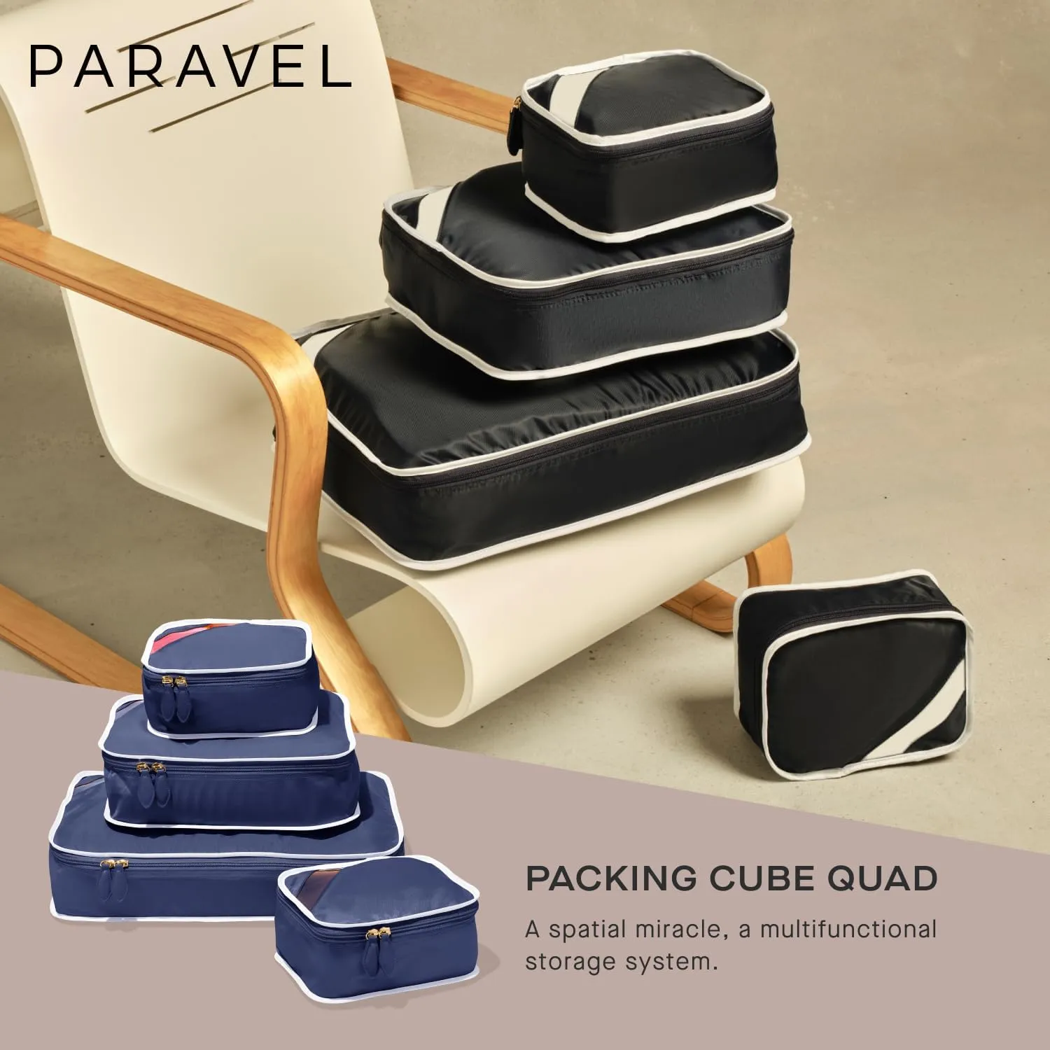 Paravel Packing Cube Quads | Luggage Organizer for Travel Accessories, Shoes, Toiletries, Laundry | 4 Pack Storage Cubes in Various Sizes | Derby Black