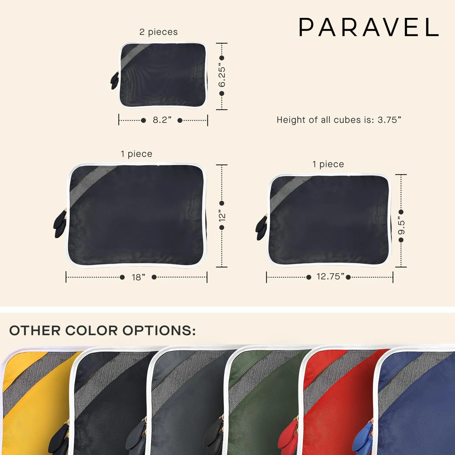 Paravel Packing Cube Quads | Luggage Organizer for Travel Accessories, Shoes, Toiletries, Laundry | 4 Pack Storage Cubes in Various Sizes | Derby Black