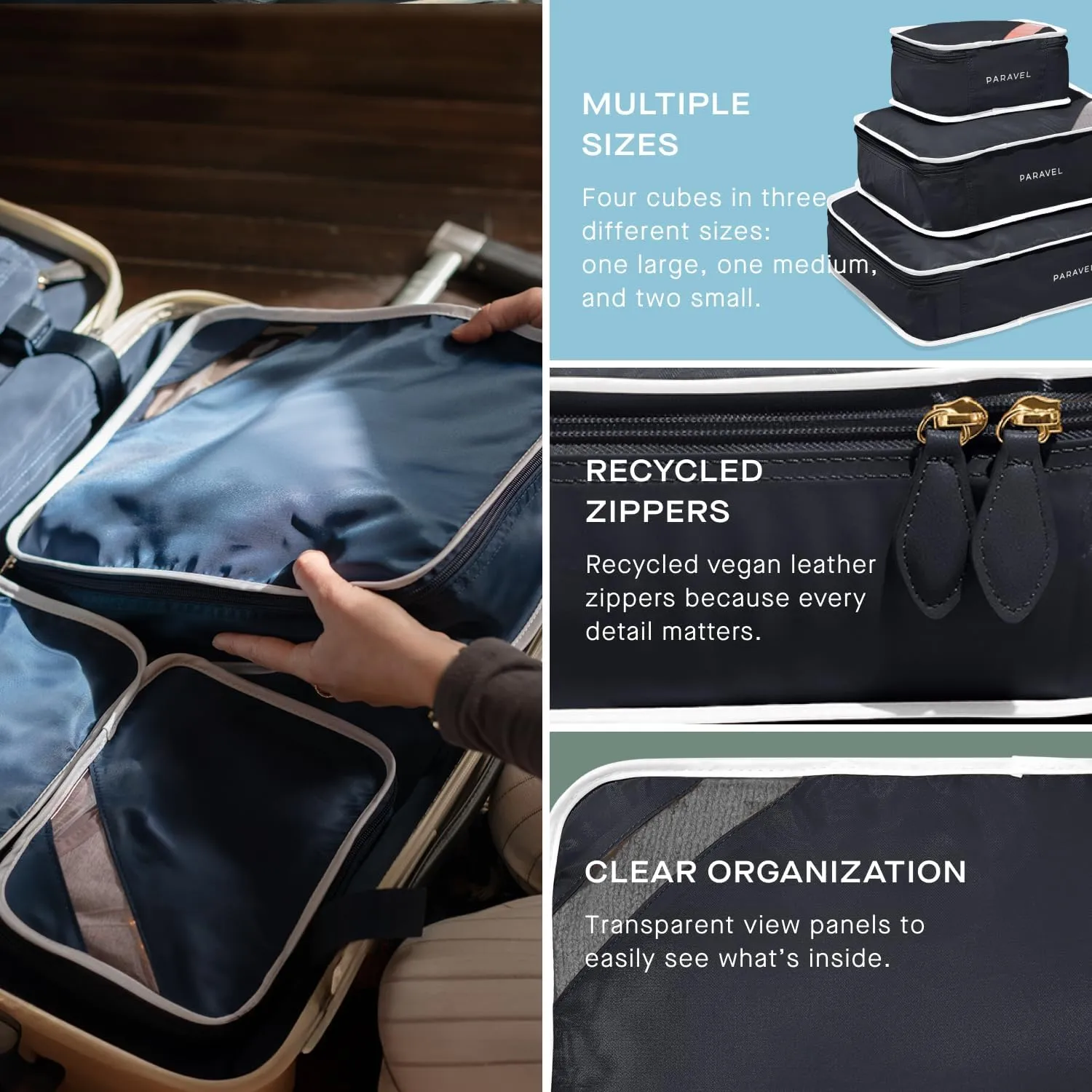 Paravel Packing Cube Quads | Luggage Organizer for Travel Accessories, Shoes, Toiletries, Laundry | 4 Pack Storage Cubes in Various Sizes | Derby Black