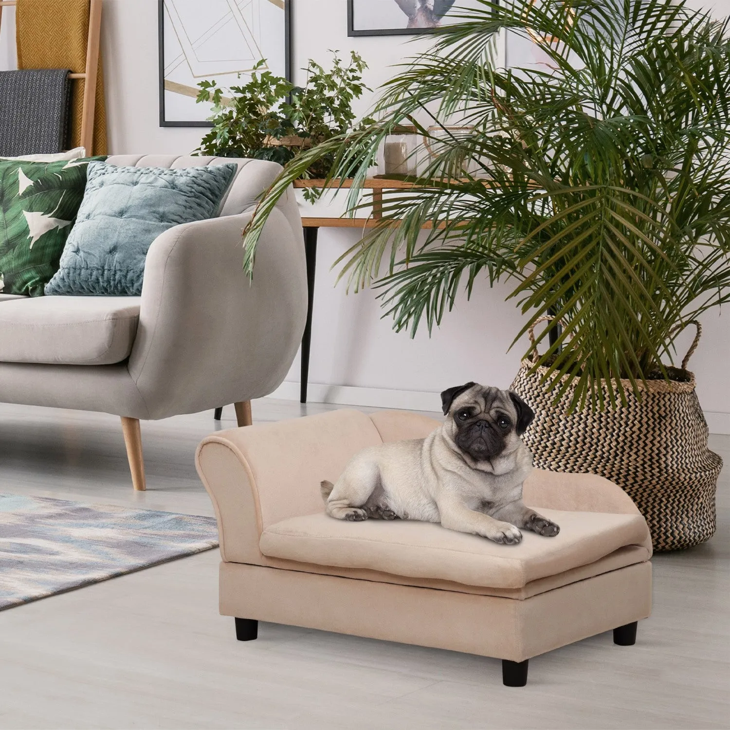 Pawhut Pet Sofa Dog Couch Chaise Lounge Pet Bed With Storage Function Small Sized Dog Various Cat Sp|Pawhut Canape Pour Animal De Compagnie, Canape Pour Chien, Lit Sureleve Pour Animal De Compagnie Ave