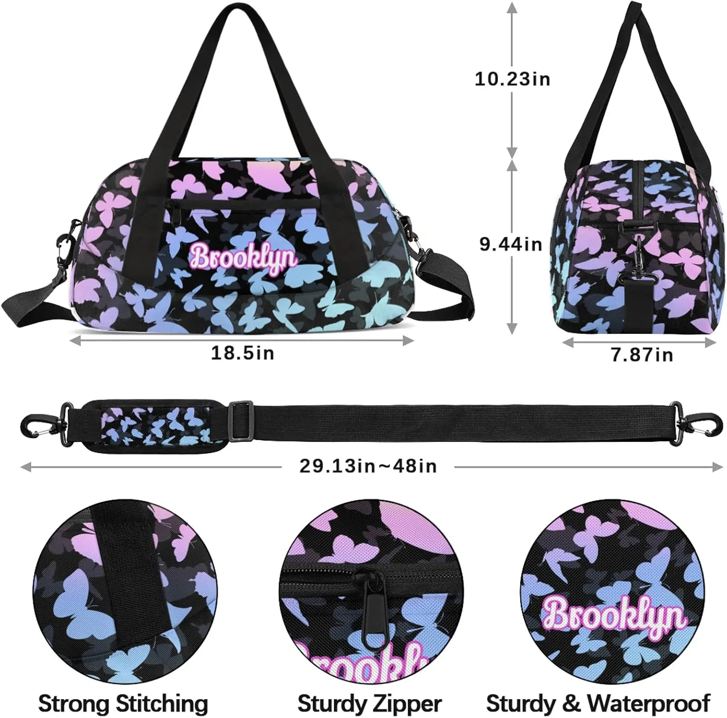 Personalized Butterfly Duffel Bag with Name Custom Travel Sports Bag for Women Men Waterproof Dance Ballet Bag Lightweight 18.5in, Colorful Blue