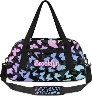 Personalized Butterfly Duffel Bag with Name Custom Travel Sports Bag for Women Men Waterproof Dance Ballet Bag Lightweight 18.5in, Colorful Blue
