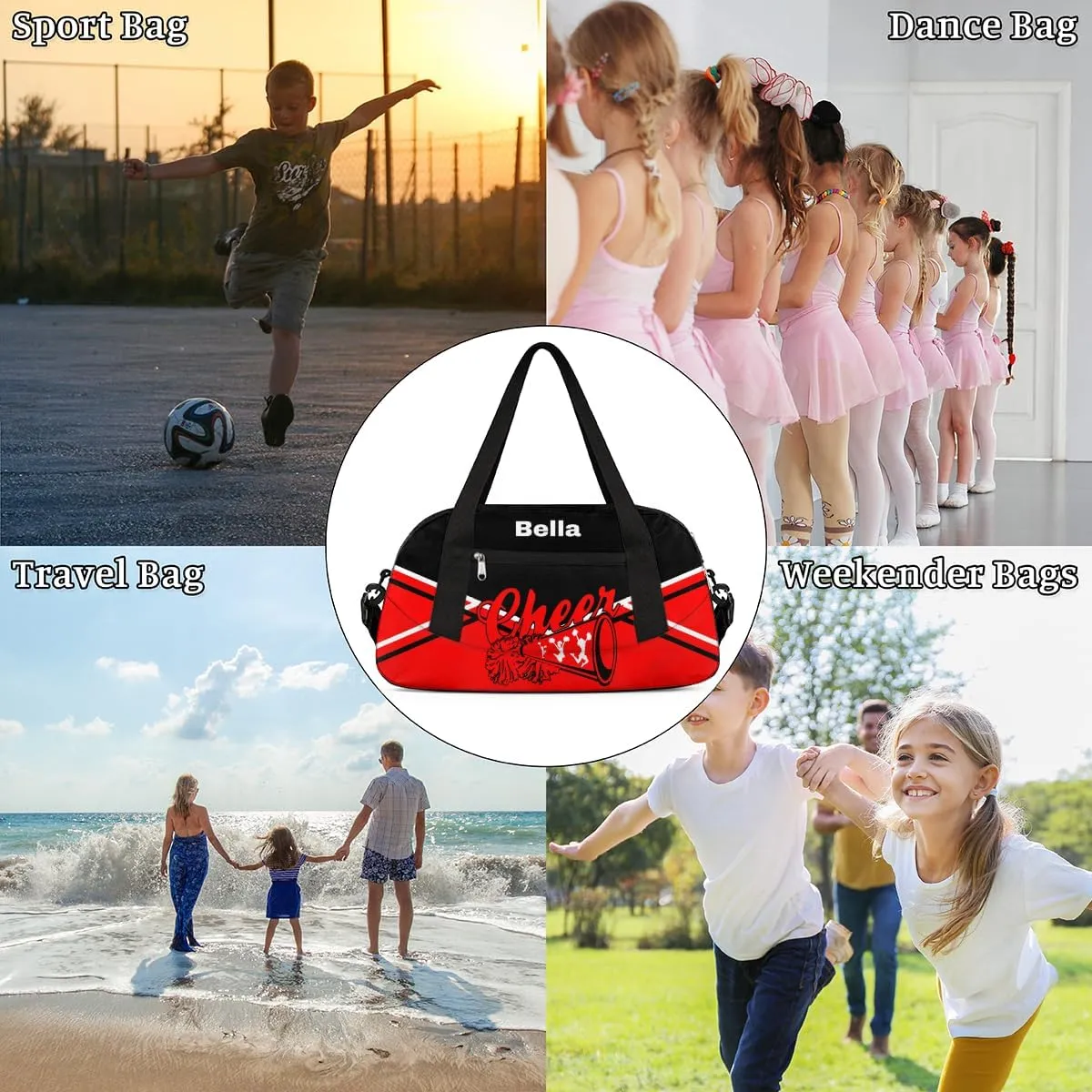 Personalized Cheer Bag Dance Bag for Girls, Personalized Custom Kids Duffle Bags, Customized Sports Gym Bag Weekender Overnight Bag Travel Duffel Bag, Red Black Aztec Background Cheer Pattern