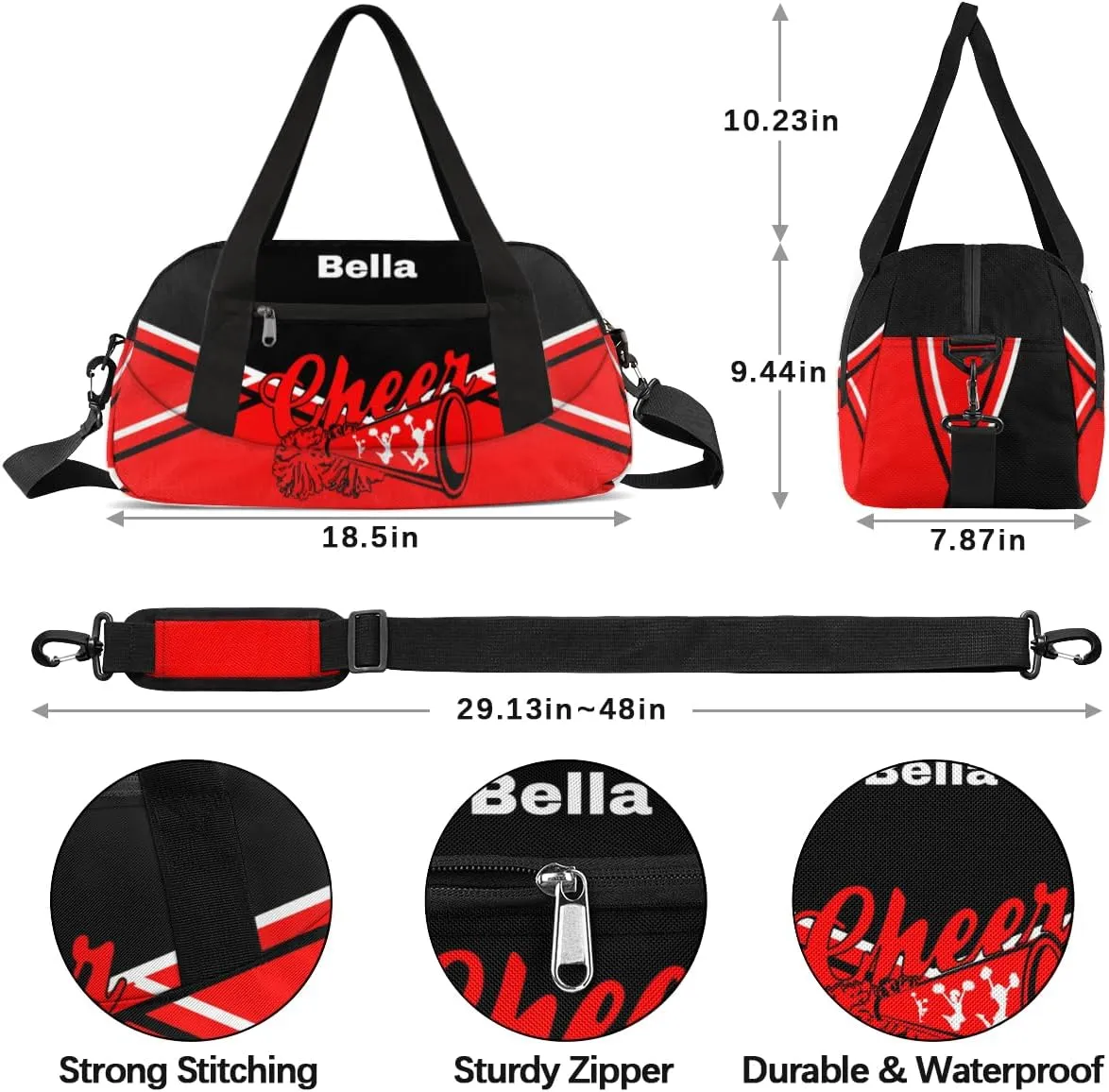 Personalized Cheer Bag Dance Bag for Girls, Personalized Custom Kids Duffle Bags, Customized Sports Gym Bag Weekender Overnight Bag Travel Duffel Bag, Red Black Aztec Background Cheer Pattern