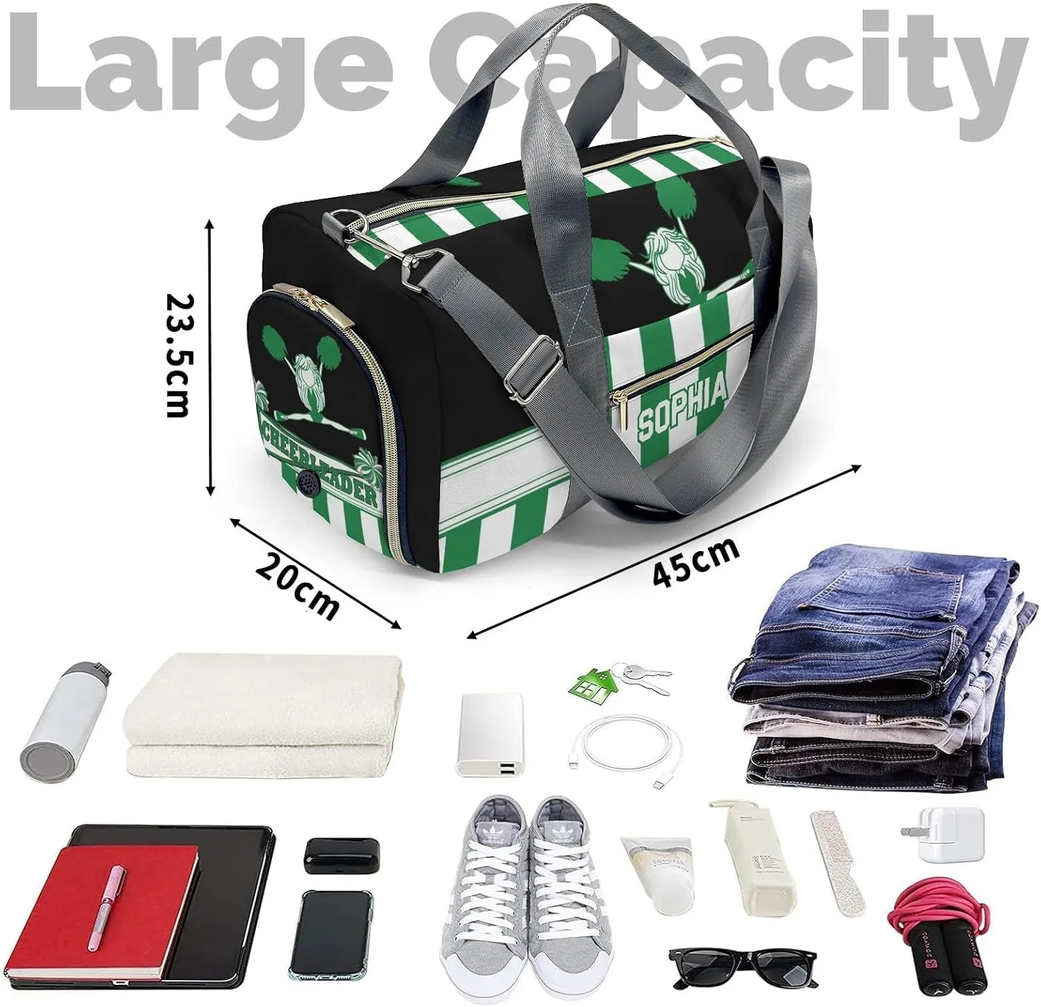 Personalized Cheerleader Girl Gymnast Green Customized Multi-functional Handbag Travel Bag, Unisex Portable Travel Bag, Sports and Fitness Duffel Bag, Short Trip Storage Bag