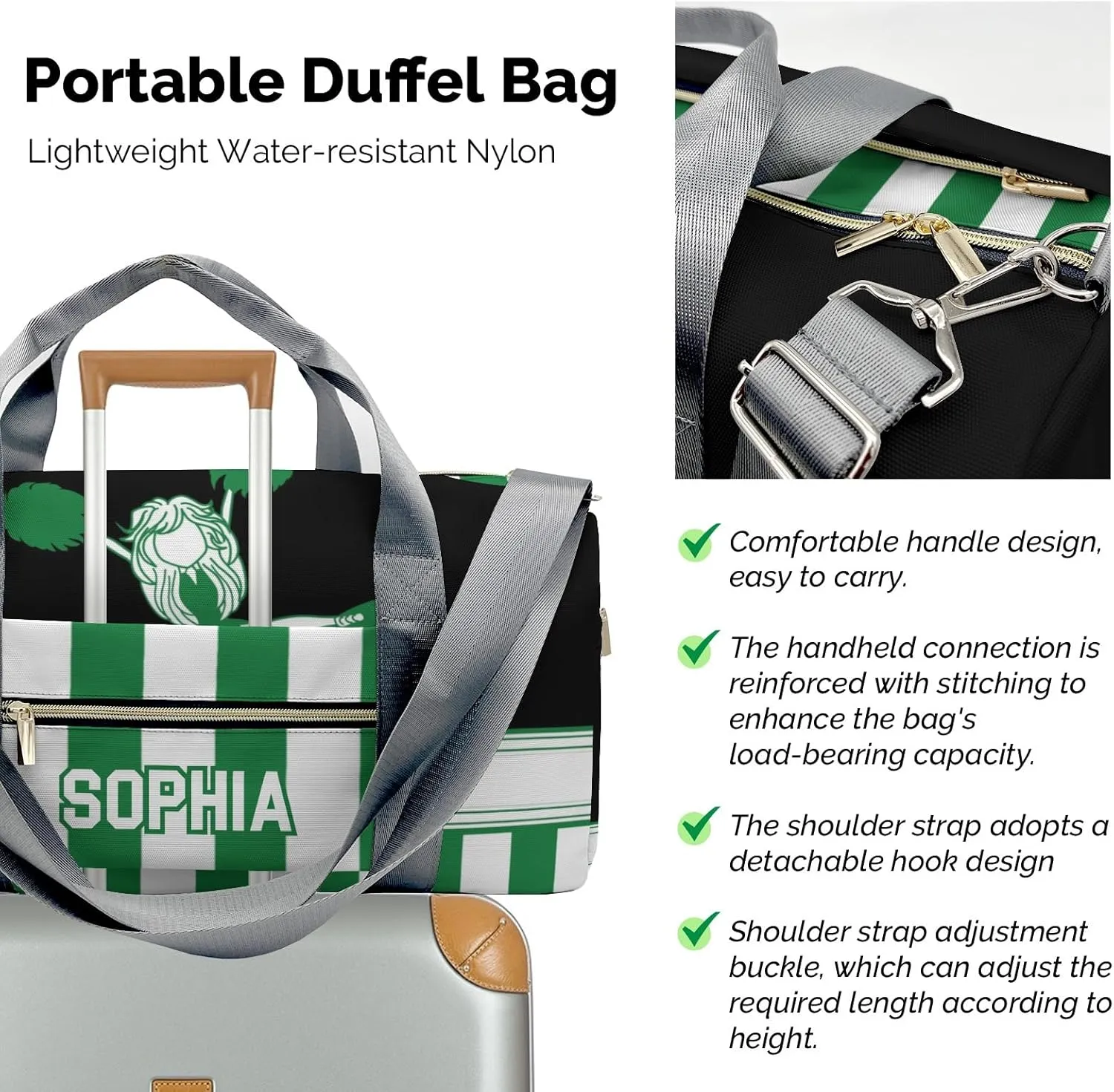 Personalized Cheerleader Girl Gymnast Green Customized Multi-functional Handbag Travel Bag, Unisex Portable Travel Bag, Sports and Fitness Duffel Bag, Short Trip Storage Bag