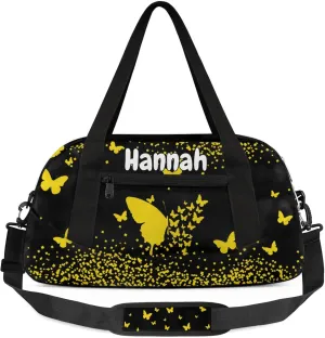 Personalized Duffel Bag with Name Butterfly Custom Travel Sports Bag for Women Men Waterproof Dance Ballet Bag Lightweight 18.5in, Gold