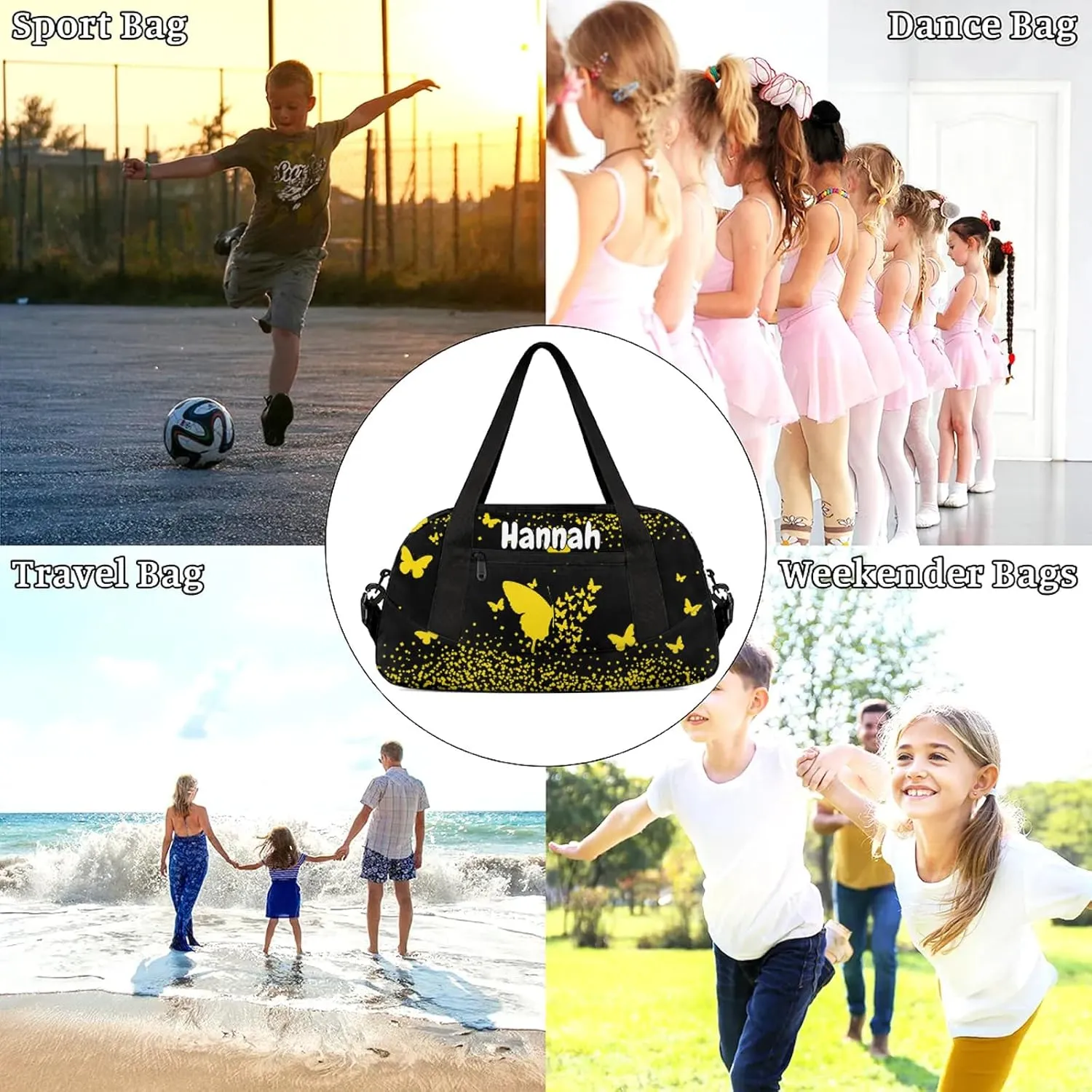 Personalized Duffel Bag with Name Butterfly Custom Travel Sports Bag for Women Men Waterproof Dance Ballet Bag Lightweight 18.5in, Gold