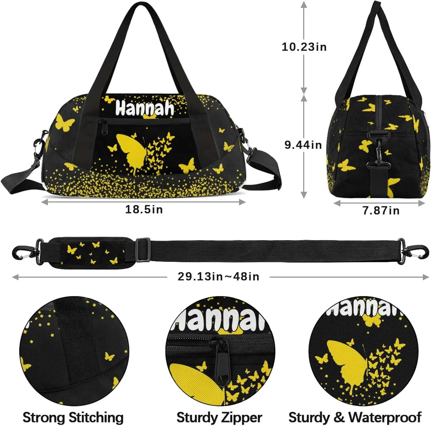 Personalized Duffel Bag with Name Butterfly Custom Travel Sports Bag for Women Men Waterproof Dance Ballet Bag Lightweight 18.5in, Gold