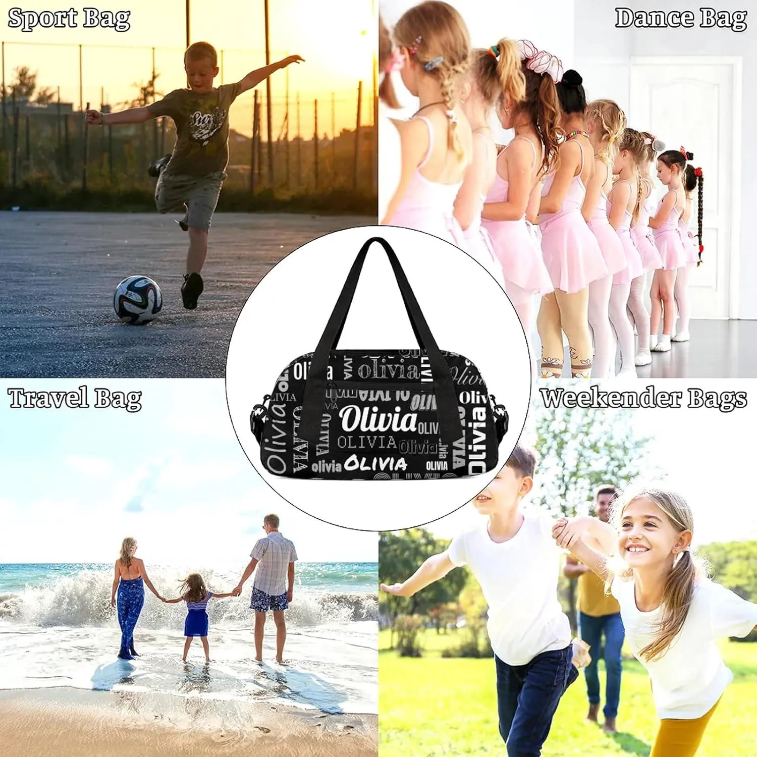 Personalized Duffel Bag with Name Custom Travel Sports Bag for Women Men Waterproof Dance Ballet Bag Lightweight 18.5in, Black