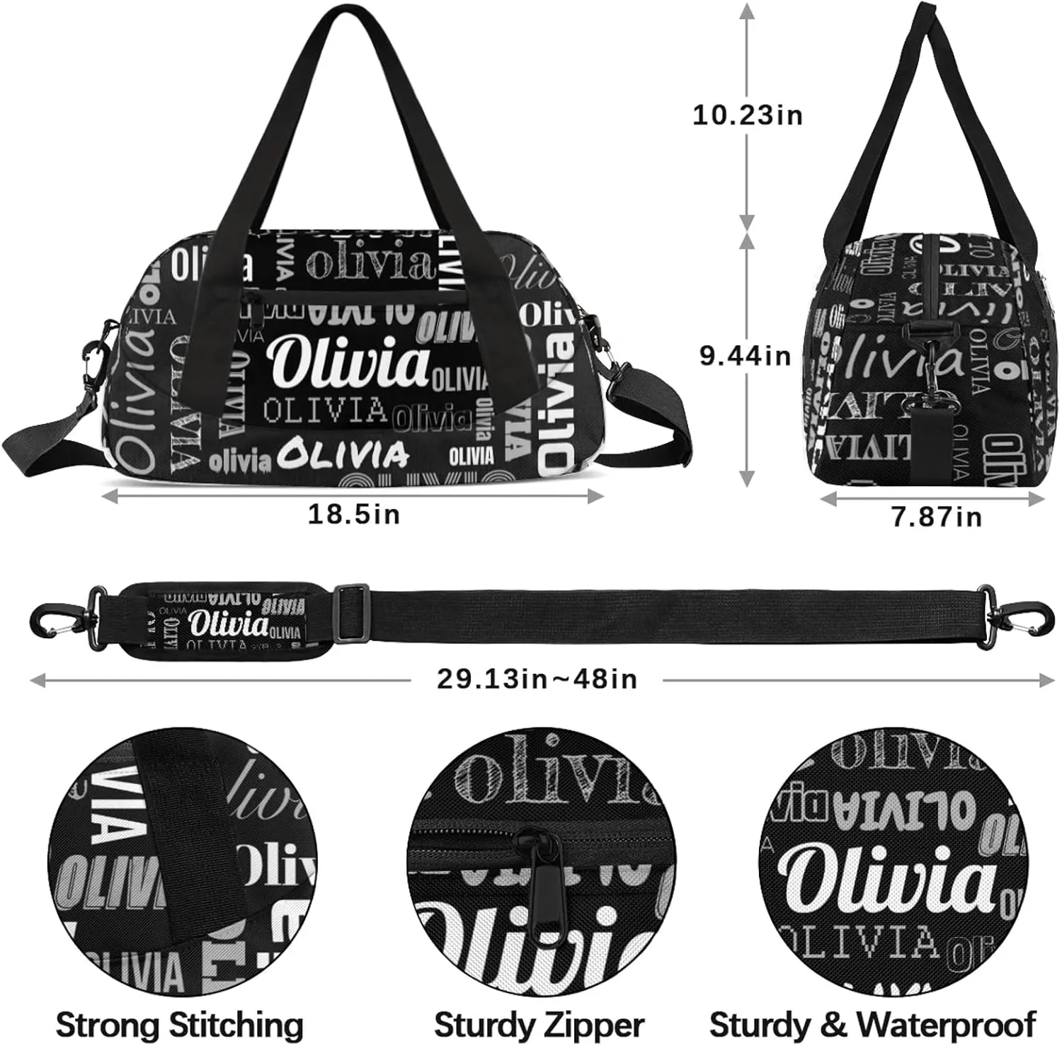 Personalized Duffel Bag with Name Custom Travel Sports Bag for Women Men Waterproof Dance Ballet Bag Lightweight 18.5in, Black