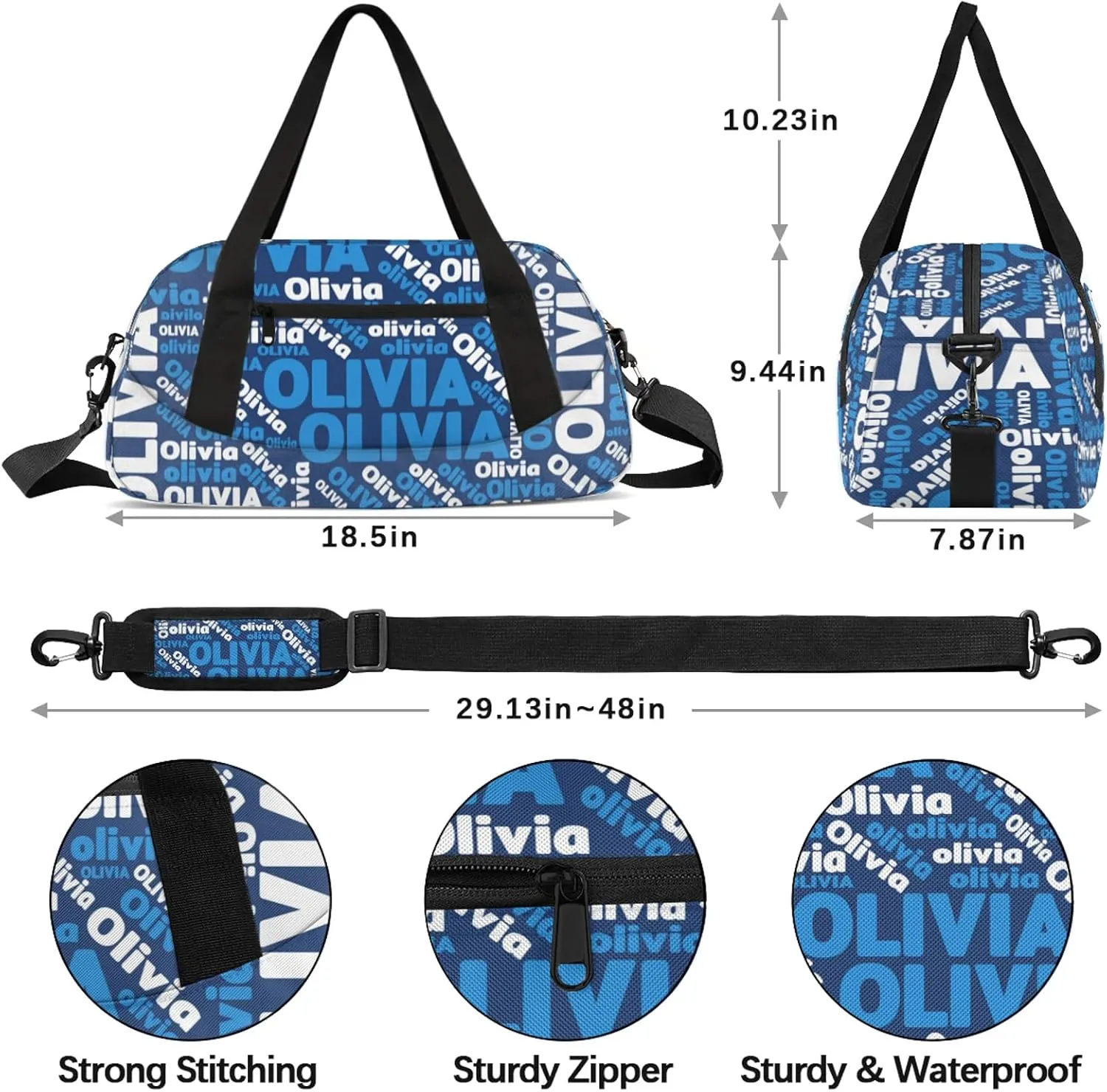 Personalized Gym Sport Duffel Bag with Name Custom Travel Overnight Bag Waterproof Customized Dance Bag Carry-On Tote 18.5in, Blue White