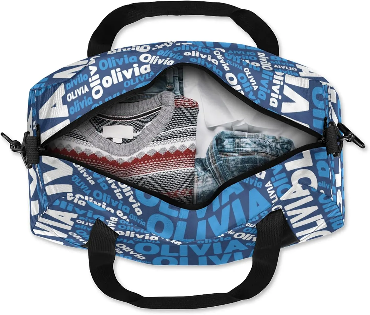 Personalized Gym Sport Duffel Bag with Name Custom Travel Overnight Bag Waterproof Customized Dance Bag Carry-On Tote 18.5in, Blue White