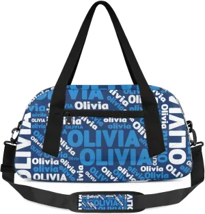 Personalized Gym Sport Duffel Bag with Name Custom Travel Overnight Bag Waterproof Customized Dance Bag Carry-On Tote 18.5in, Blue White