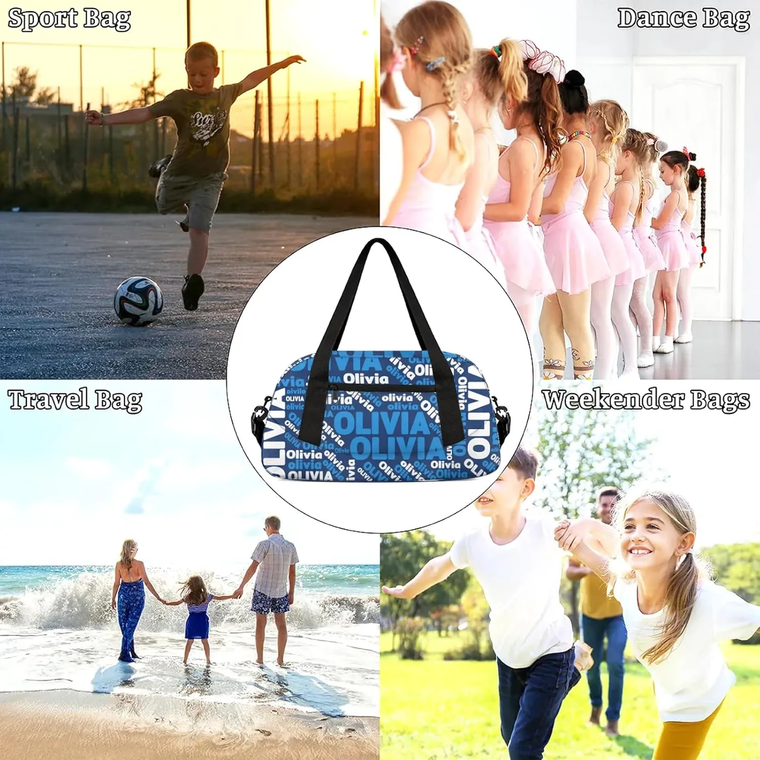 Personalized Gym Sport Duffel Bag with Name Custom Travel Overnight Bag Waterproof Customized Dance Bag Carry-On Tote 18.5in, Blue White