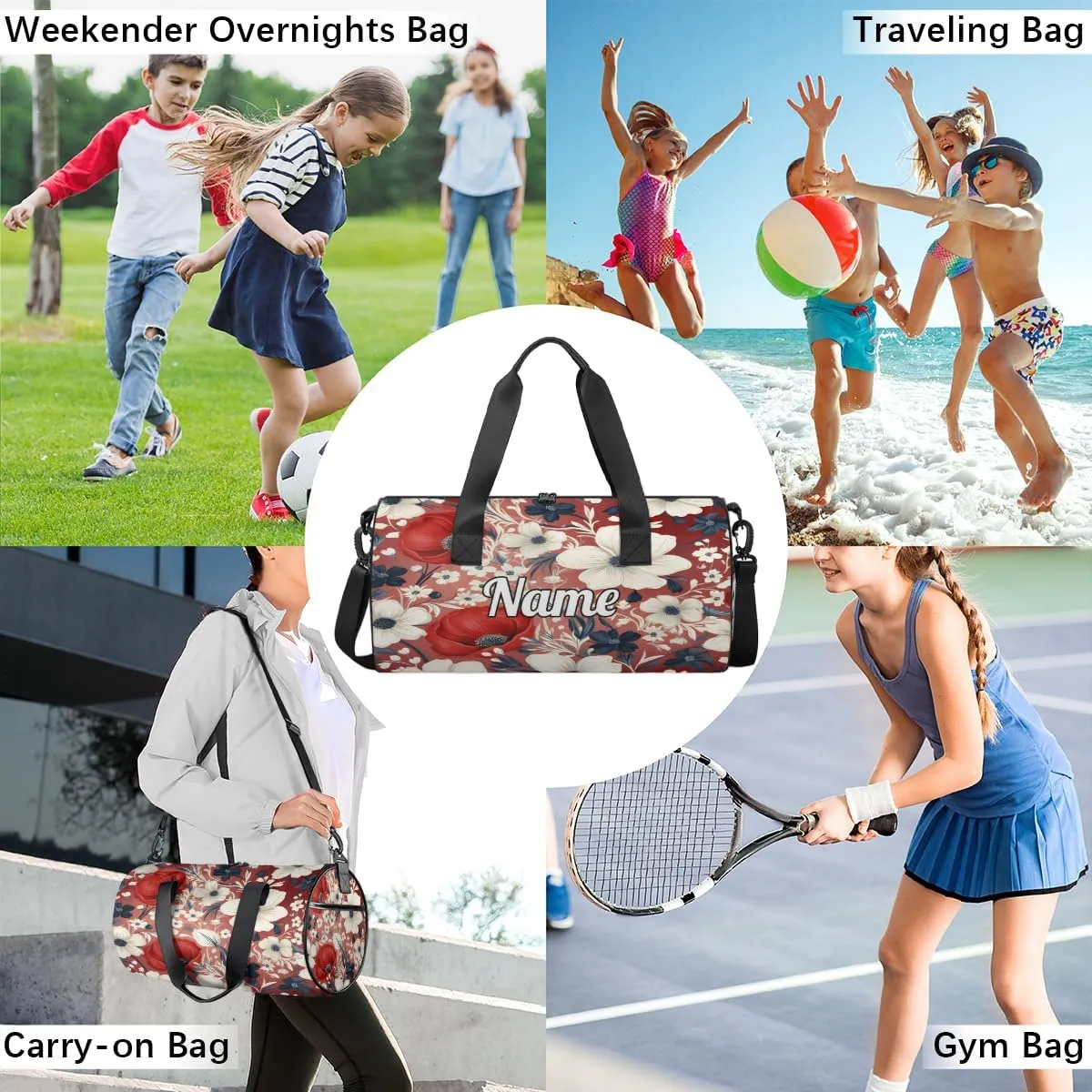 Personalized Sport Gym Bag Dance Duffle Ballet Bag Overnight Travel Sleepover Bags Swimming Hiking Camping, Red Poppy Flower Prints