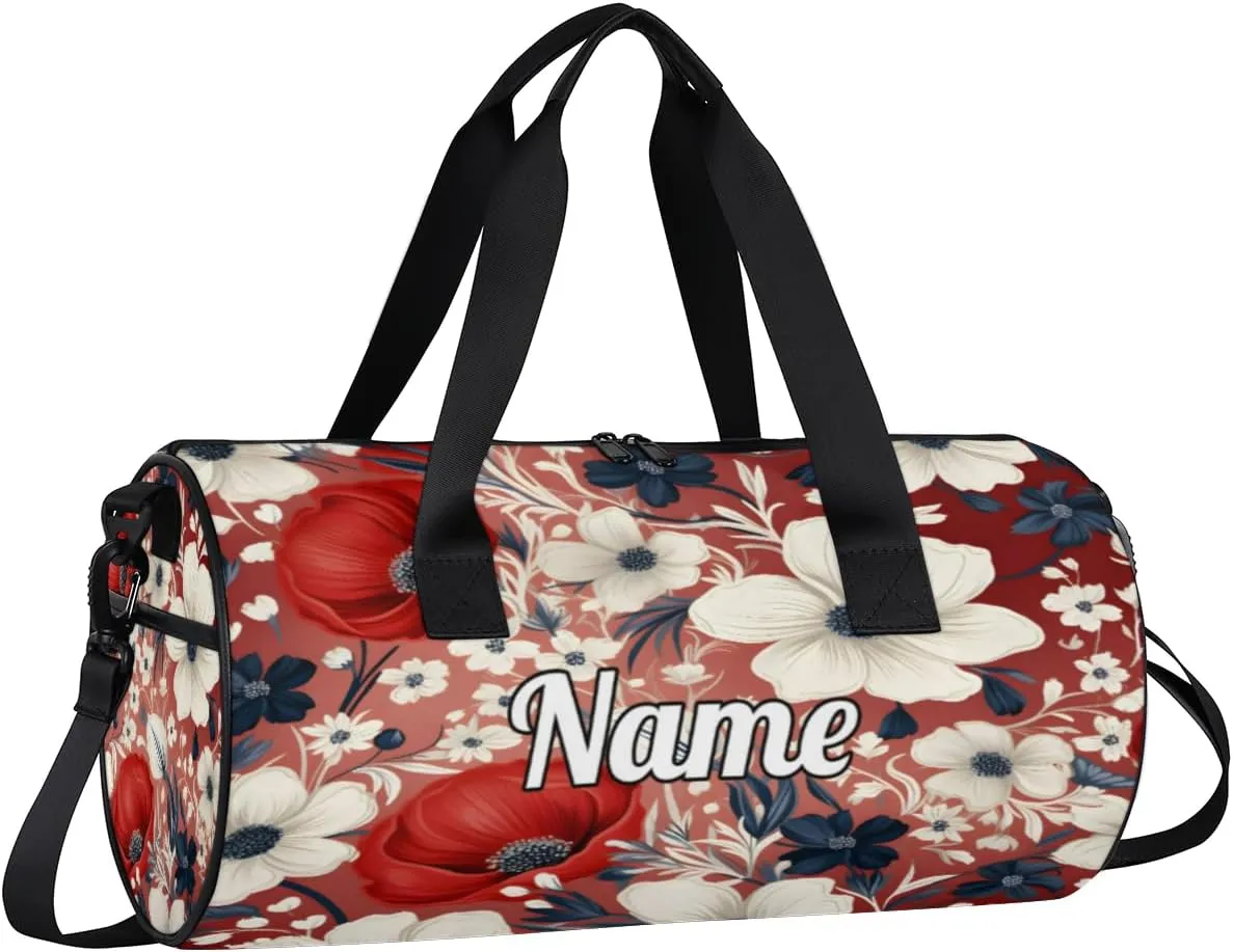 Personalized Sport Gym Bag Dance Duffle Ballet Bag Overnight Travel Sleepover Bags Swimming Hiking Camping, Red Poppy Flower Prints