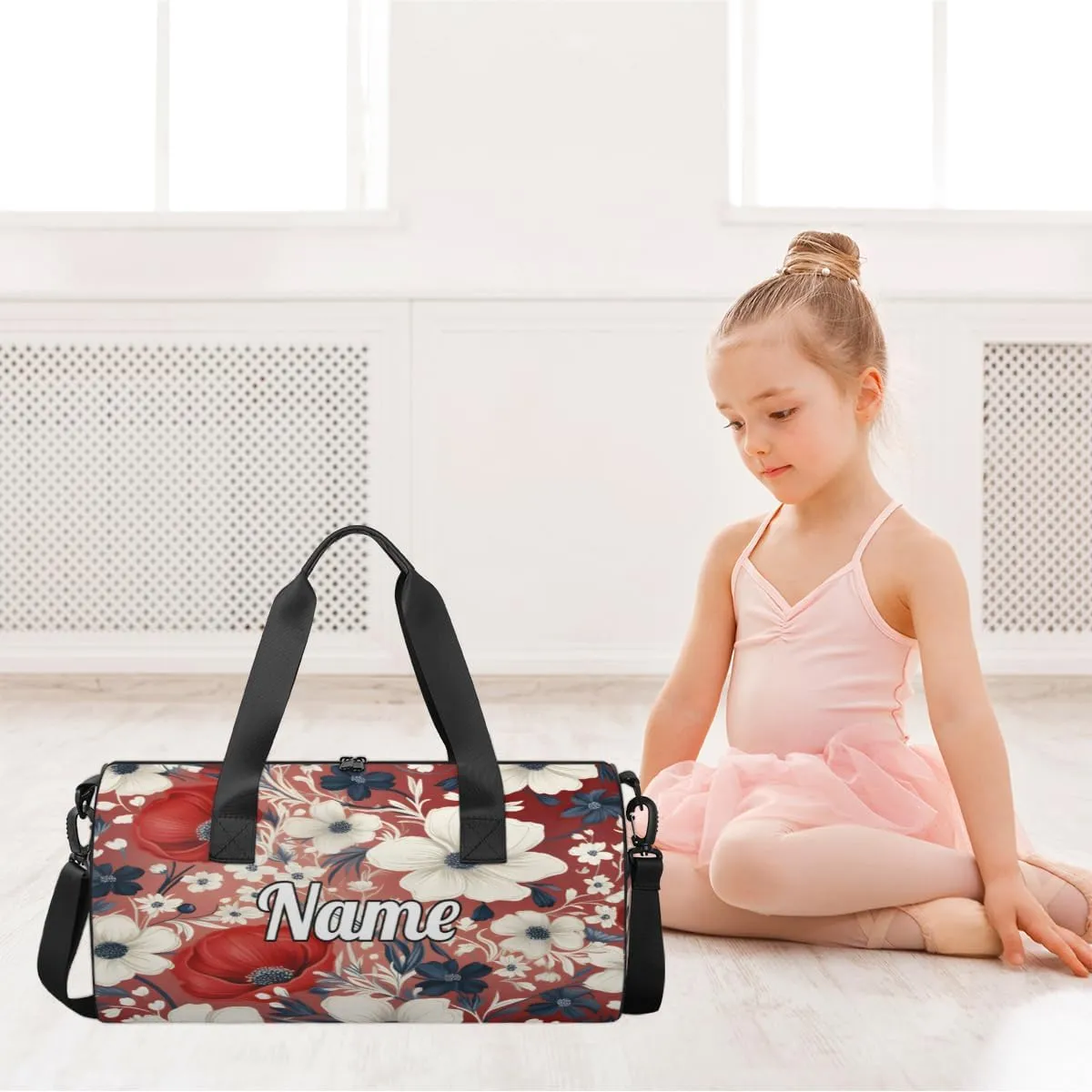 Personalized Sport Gym Bag Dance Duffle Ballet Bag Overnight Travel Sleepover Bags Swimming Hiking Camping, Red Poppy Flower Prints