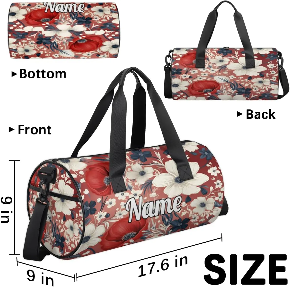 Personalized Sport Gym Bag Dance Duffle Ballet Bag Overnight Travel Sleepover Bags Swimming Hiking Camping, Red Poppy Flower Prints