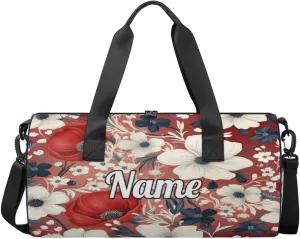 Personalized Sport Gym Bag Dance Duffle Ballet Bag Overnight Travel Sleepover Bags Swimming Hiking Camping, Red Poppy Flower Prints