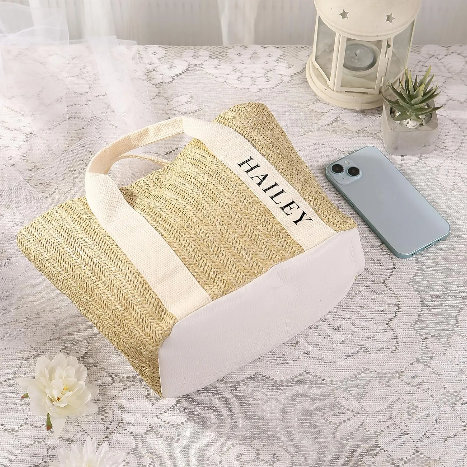 Personalized Straw Tote Bag for Women, Custom Name Beach Bag Large Tote Bag for Women, Teacher, Mother’s Day Gift