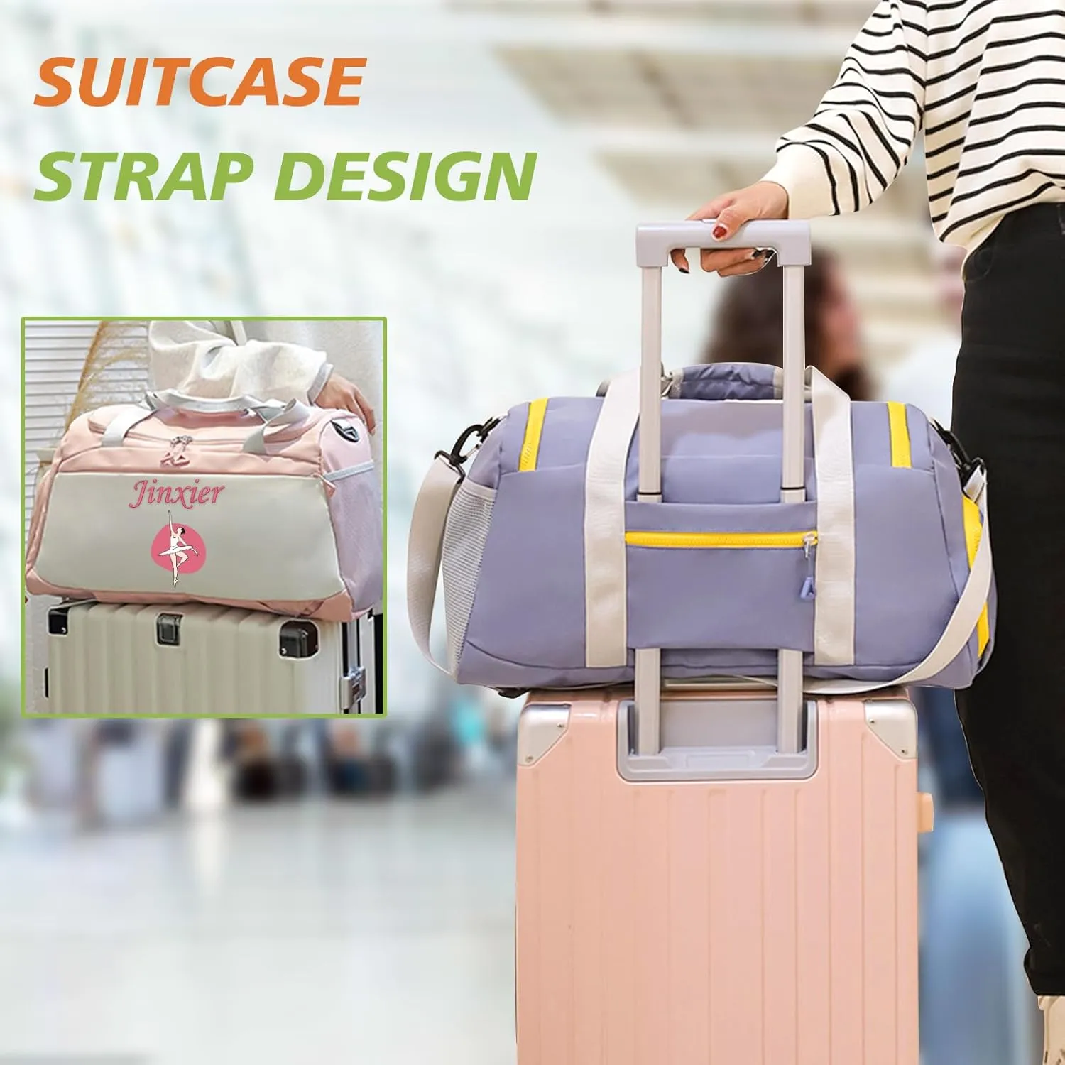 Personalized Travel Duffle Bag with Embroidery Name/Color Print logo, Sports Yoga Dance 3 in 1 Gym Bag, Dufflebag Weekend Getaway for Women Men, with Shoe and Wet Clothes Compartments-White