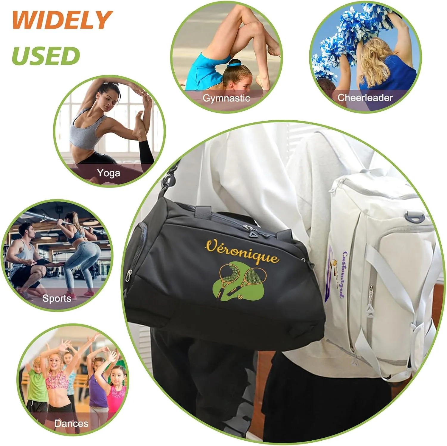 Personalized Travel Duffle Bag with Embroidery Name/Color Print logo, Sports Yoga Dance 3 in 1 Gym Bag, Dufflebag Weekend Getaway for Women Men, with Shoe and Wet Clothes Compartments-White