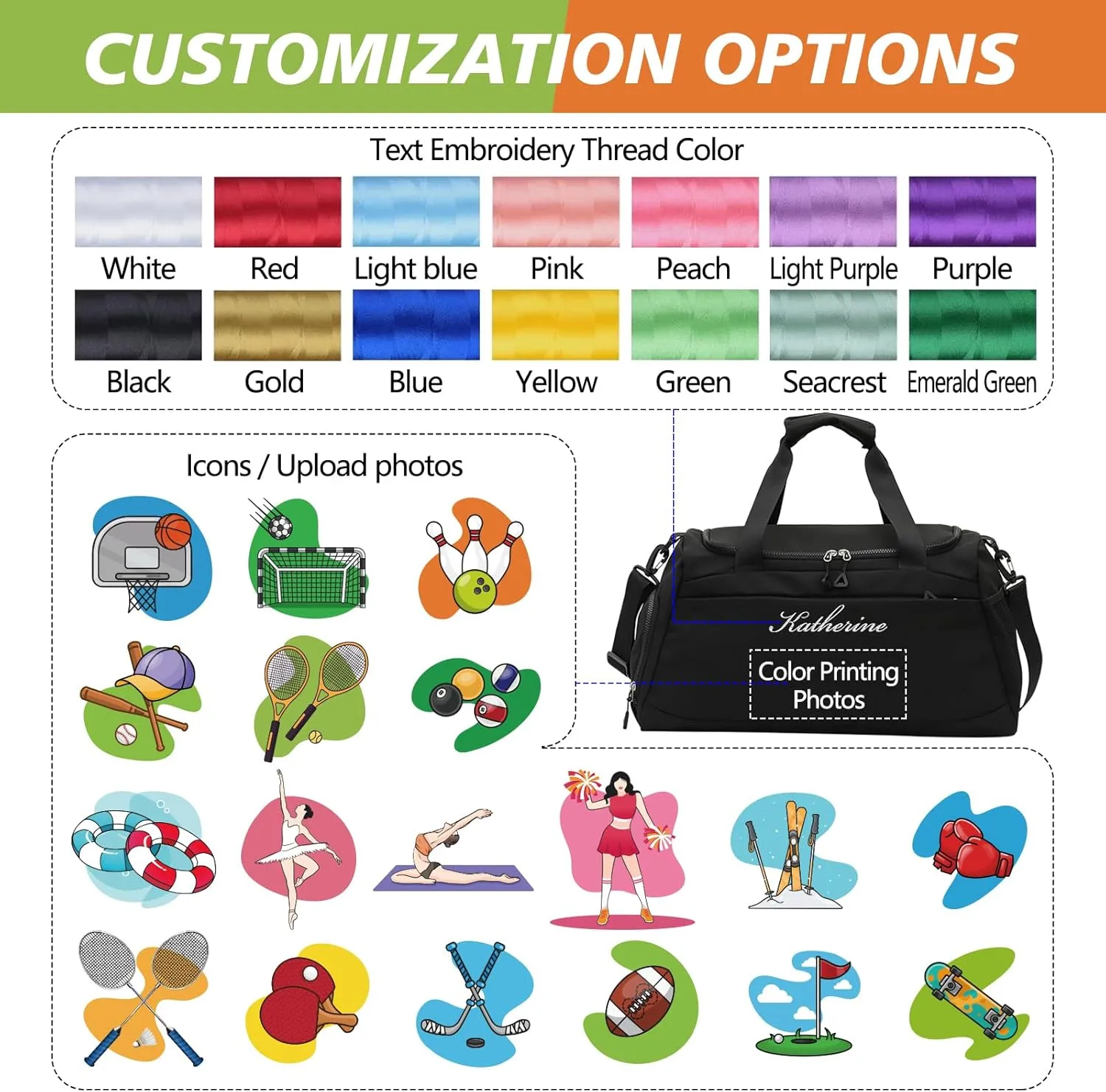 Personalized Travel Duffle Bag with Embroidery Name/Color Print logo, Sports Yoga Dance 3 in 1 Gym Bag, Dufflebag Weekend Getaway for Women Men, with Shoe and Wet Clothes Compartments-White