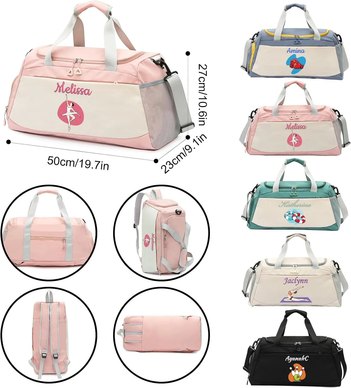 Personalized Travel Duffle Bag with Embroidery Name/Color Print logo, Sports Yoga Dance 3 in 1 Gym Bag, Dufflebag Weekend Getaway for Women Men, with Shoe and Wet Clothes Compartments-White