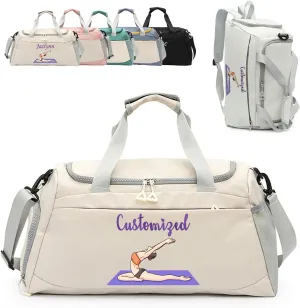 Personalized Travel Duffle Bag with Embroidery Name/Color Print logo, Sports Yoga Dance 3 in 1 Gym Bag, Dufflebag Weekend Getaway for Women Men, with Shoe and Wet Clothes Compartments-White