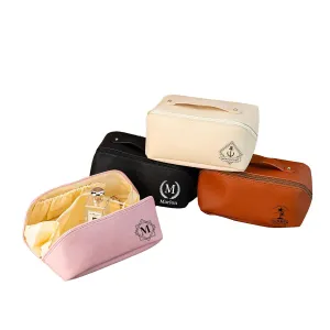 Personalized Travel Makeup Bag for Women, Large Capacity Cosmetic Bag with Initial Name, Portable Leather Toiletry Bag, Gift for Bridesmaid Bride Wedding Graduation Valentine's Day(Pink)