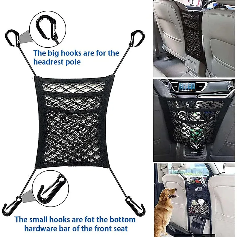 Pet Car Safety Net Barrier Rear Seat Fence with Storage Bag