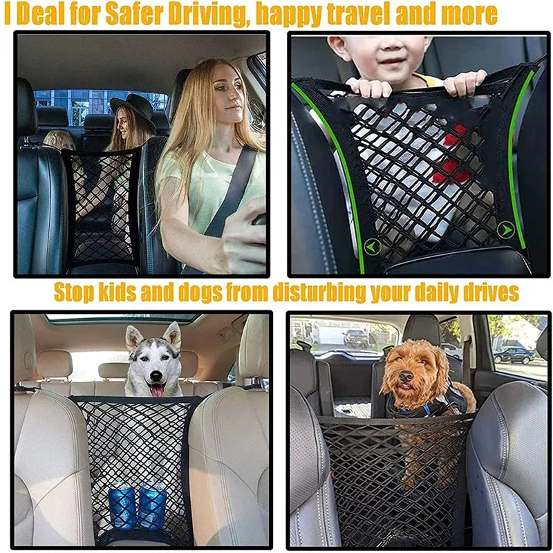 Pet Car Safety Net Barrier Rear Seat Fence with Storage Bag