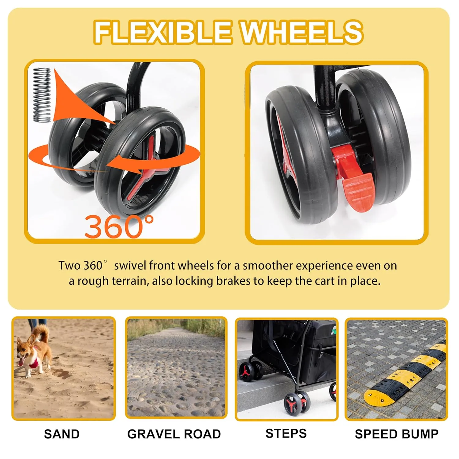 Pet Carrier with 4 Wheels, Detachble,Clean and Replace Pet Basket, Portable and Foldable Pet Travel Stroller for Small/Medium Dogs and Cats up to 66lbs, 4 in 1 Multifunctional (Beige Yellow)
