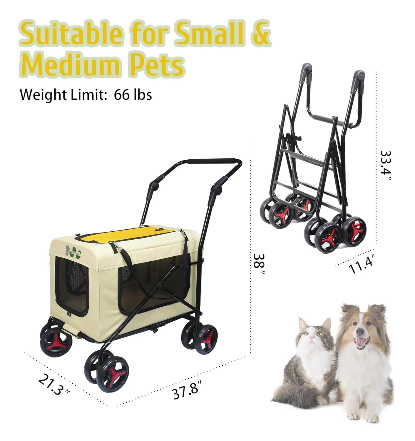 Pet Carrier with 4 Wheels, Detachble,Clean and Replace Pet Basket, Portable and Foldable Pet Travel Stroller for Small/Medium Dogs and Cats up to 66lbs, 4 in 1 Multifunctional (Beige Yellow)